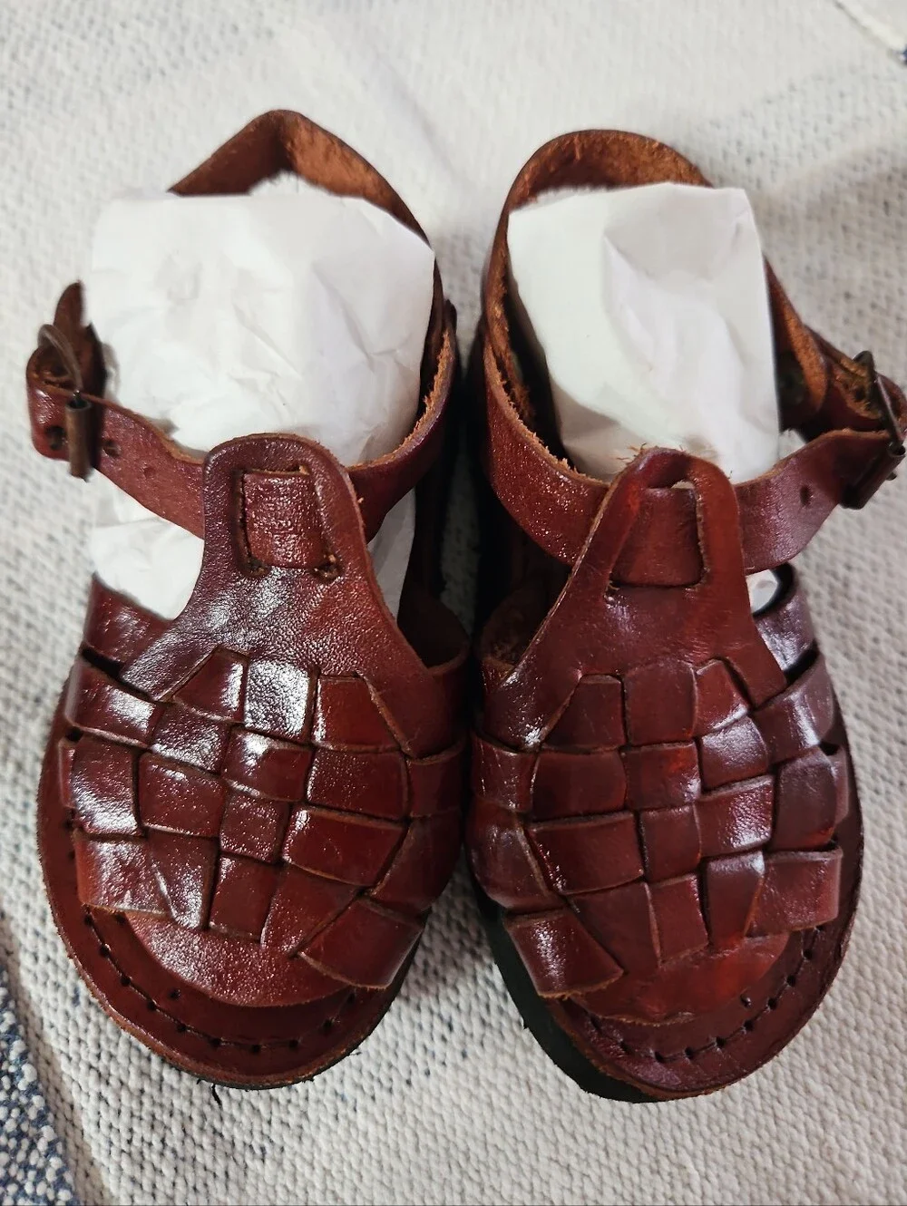 Kids Brown Woven Leather Sandals with Adjustable Ankle Strap